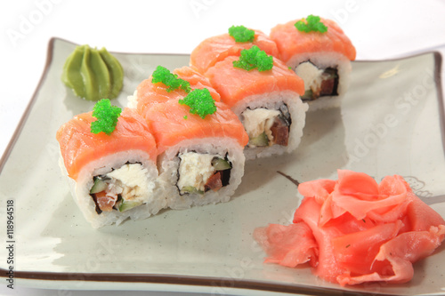 Japanese roll with wasabi sauce on plate