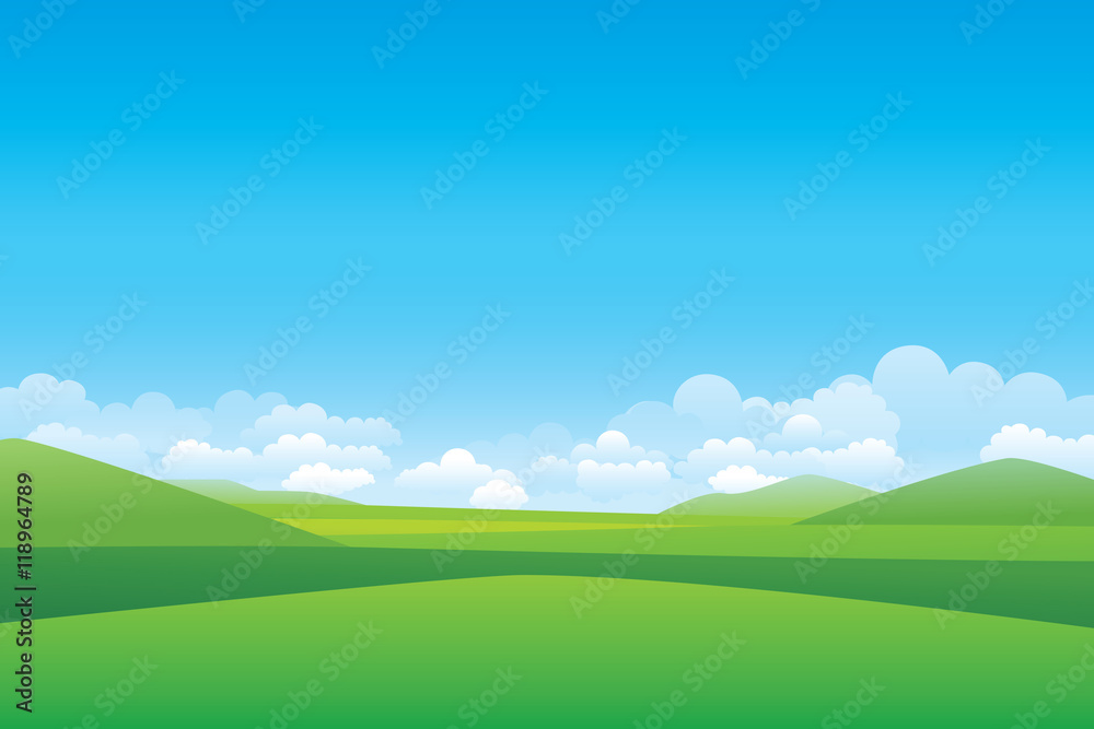 Green hill landscape. Vector illustration of panorama view with green mountain landscape and cloud sky. Green hill landscape. Vector illustration of panorama view with green mountain landscape and cloud sky.
