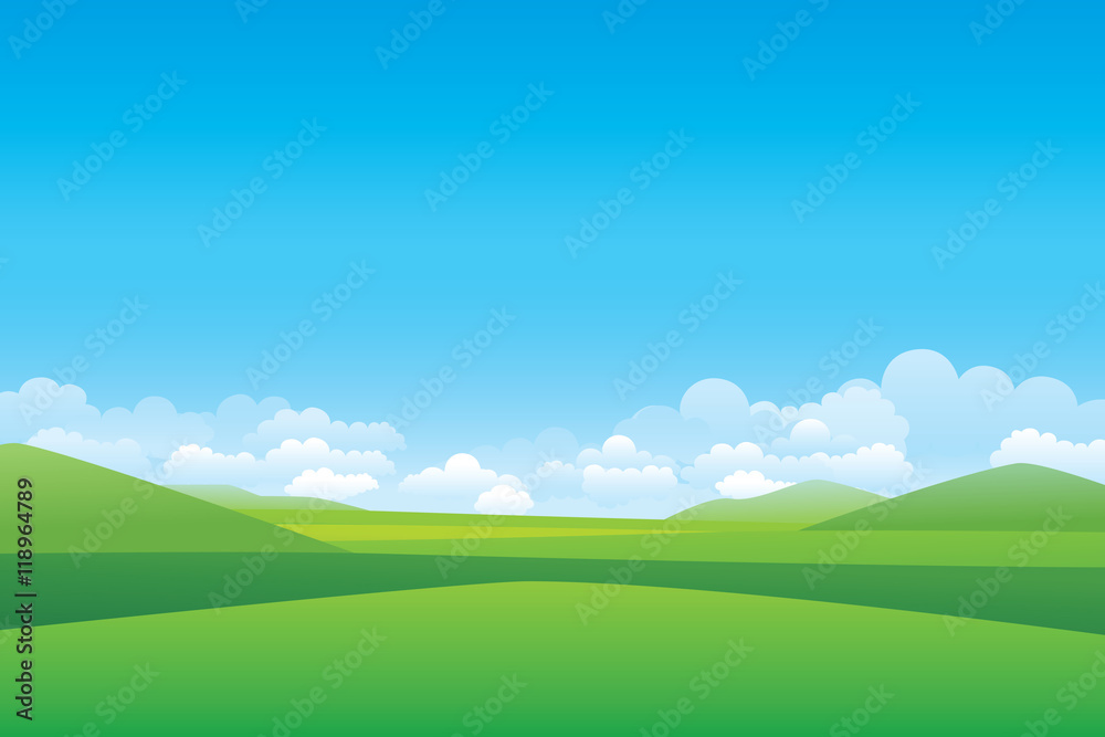 Green hill landscape.  Vector illustration of panorama view with green mountain landscape and cloud sky.