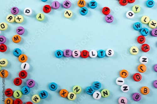 Results word on blue. Succeed business success, be a winner in elections, pop poll or sports test, report, election result. Counting losses and profit, analyzing financial statistics