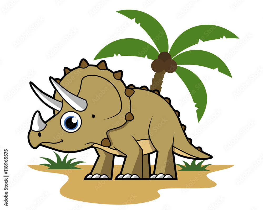 Obraz premium Cute illustration of a Triceratops in a tropical climate.