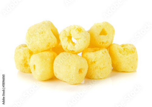 Crunchy corn snacks on a white background