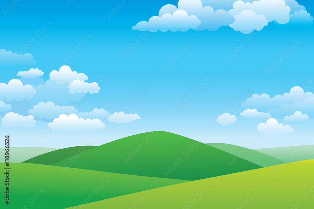 Green hill landscape.  Vector illustration of panorama view with green mountain landscape and cloud sky.