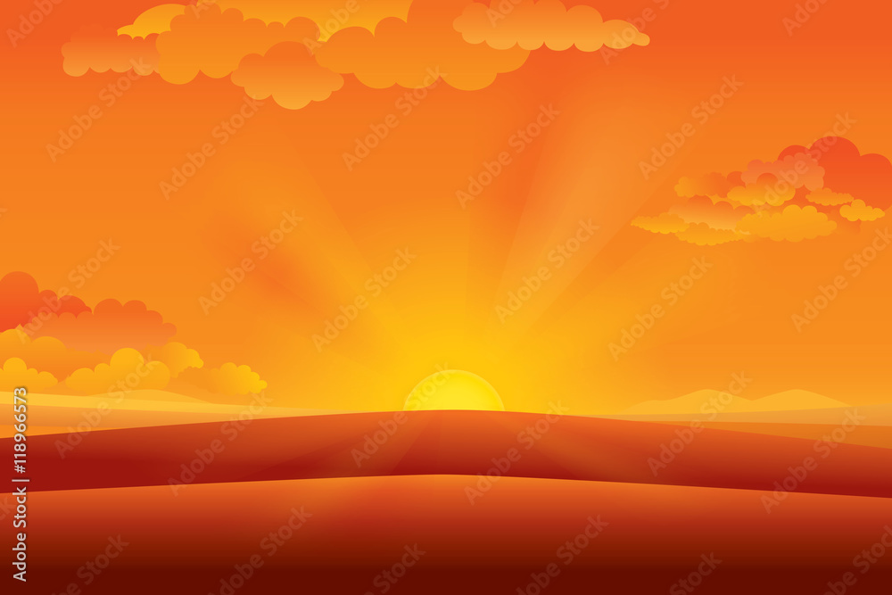Naklejka premium Vector illustration of panorama view with mountain landscape and sunset sky.