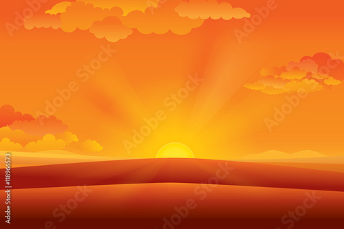 Vector illustration of panorama view with mountain landscape and sunset sky.