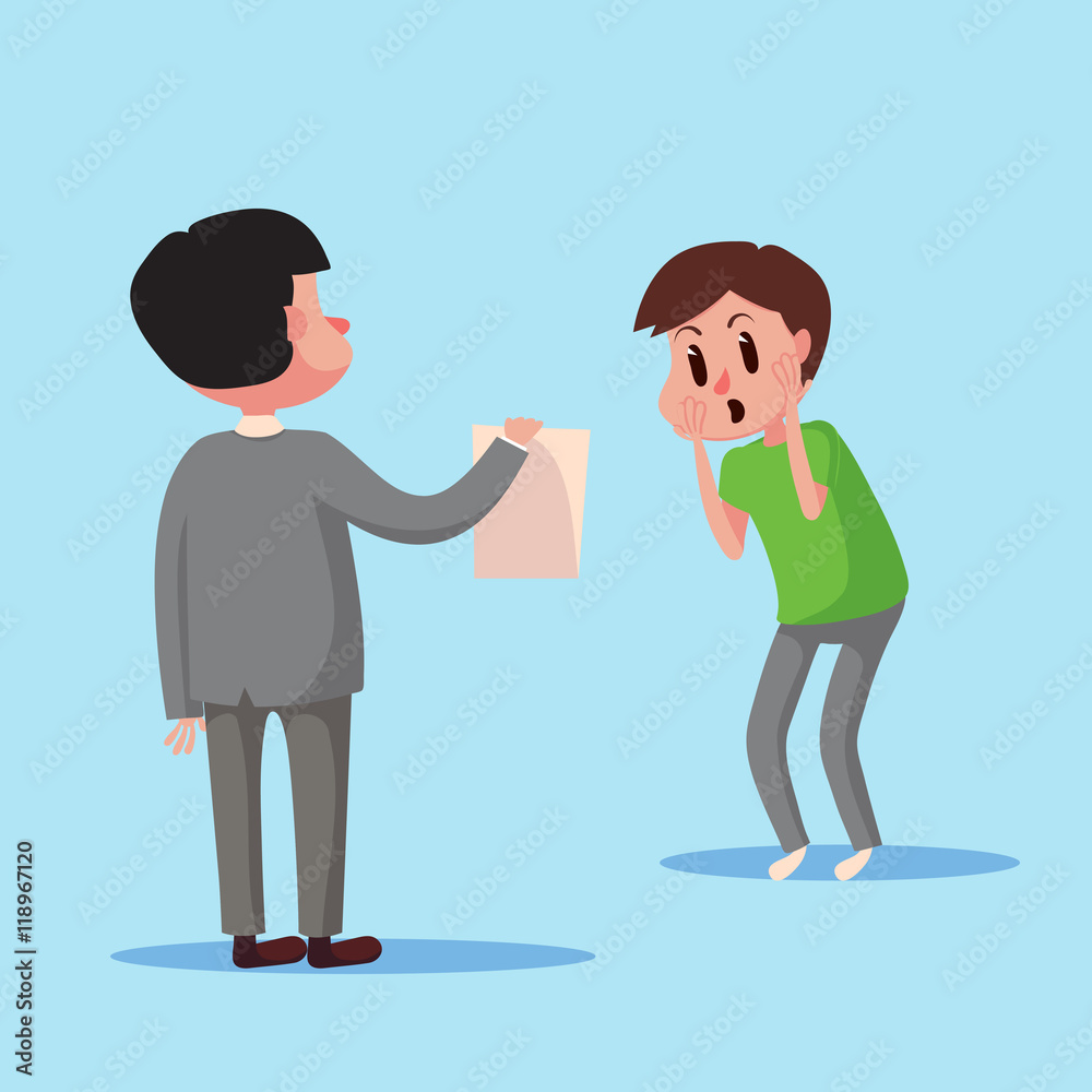 Fototapeta premium Business concept character show electronic bill payment to a man. Funny cartoon vector illustration