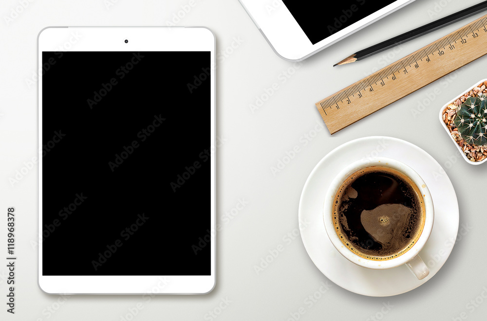 workplace with blank screen smartphone, tablet, coffee cup, pape workplace with blank screen smartphone, tablet, coffee cup, pape