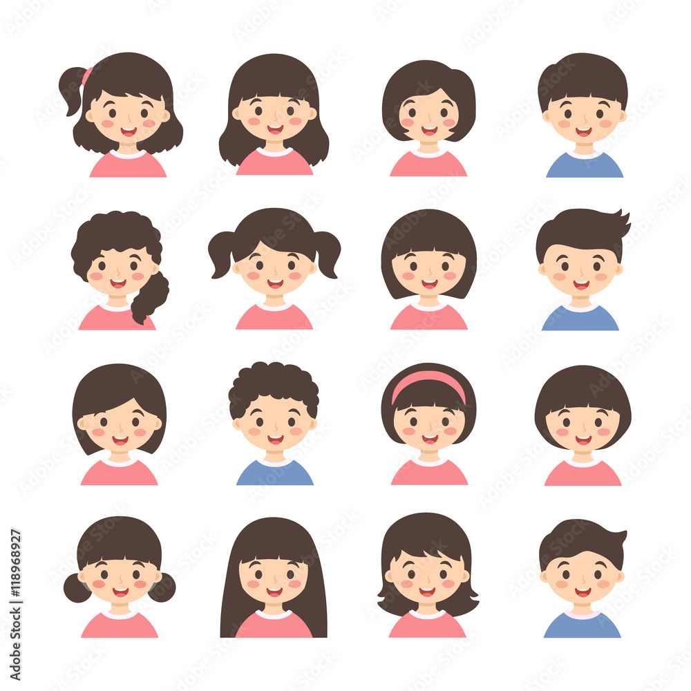 Kids Avatar Cartoon Vector Set. Set of cute boys and girls character with  different hair style isolated on white background. Stock Vector | Adobe  Stock