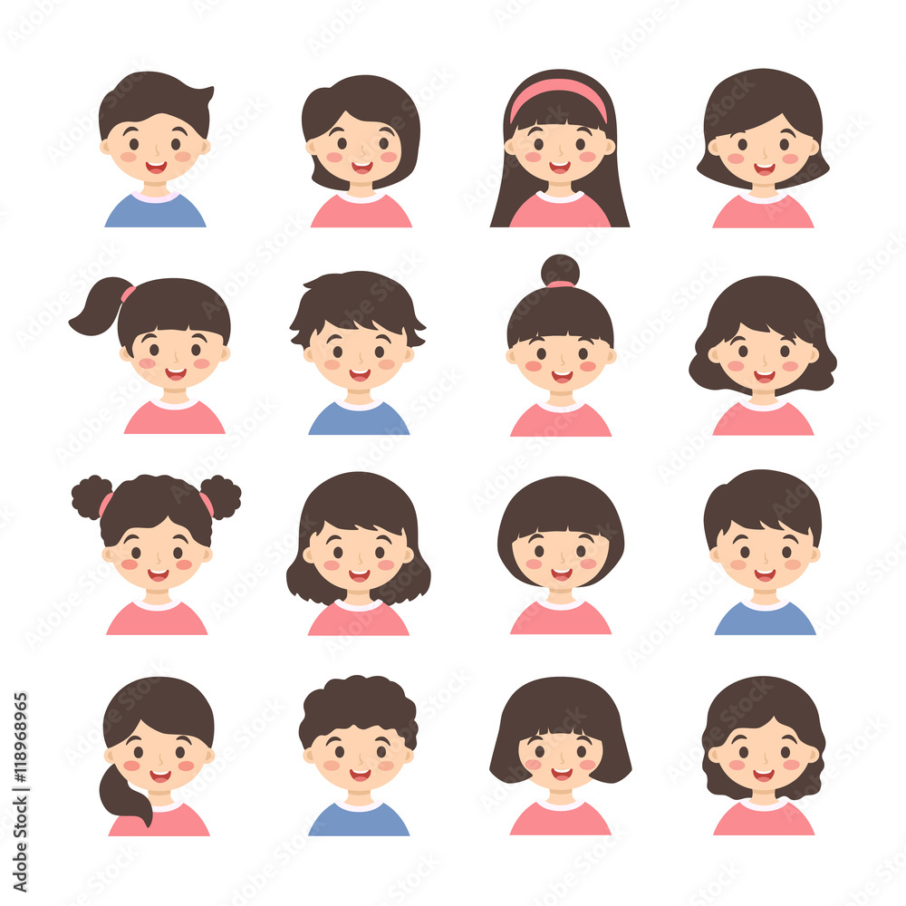 Kids Avatar Cartoon Vector Set. Set of cute boys and girls character with different hair style isolated on white background. Kids Avatar Cartoon Vector Set. Set of cute boys and girls character with different hair style isolated on white background.