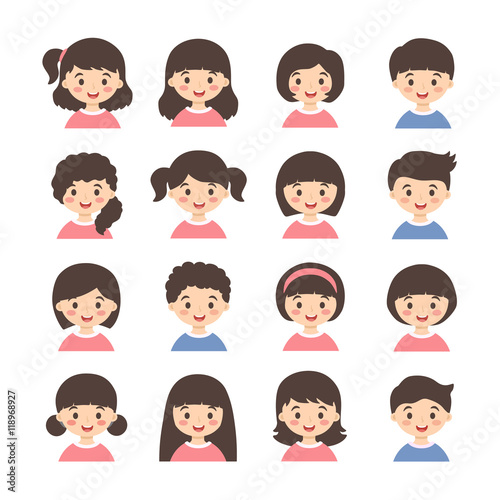 Kids Avatar Cartoon Vector Set. Set of cute boys and girls character with different hair style isolated on white background. © anitnov