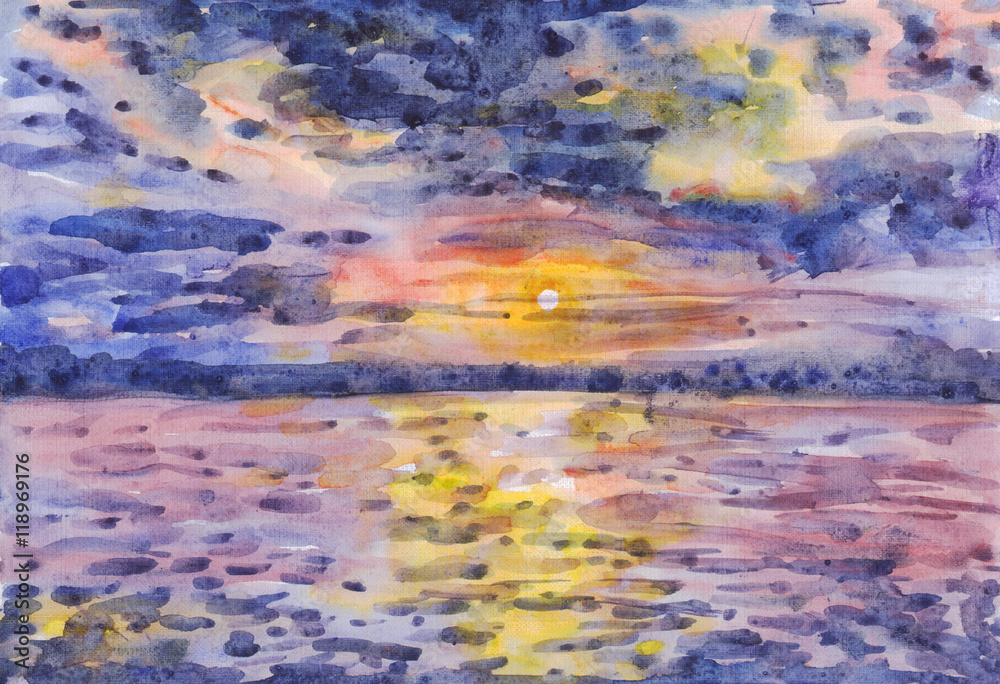 Sunset over the sea. Watercolor painting