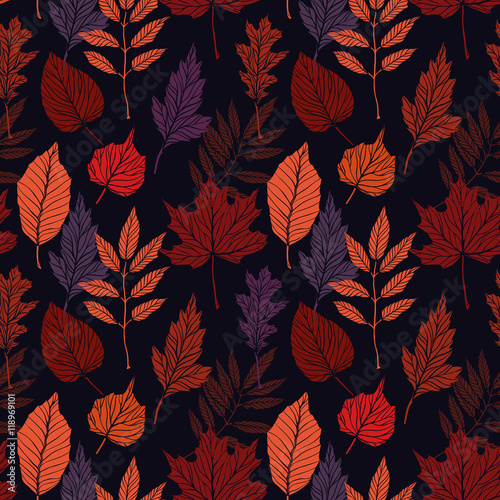 Hand drawn vector illustration. Seamless pattern with fall leaves