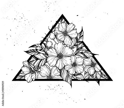 Hand drawn vector illustration - triangle with flowers and leaves