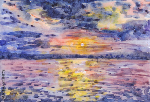 Sunset over the sea. Watercolor painting