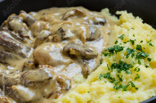beef Stroganoff beef with mushrooms and mashed potatoes