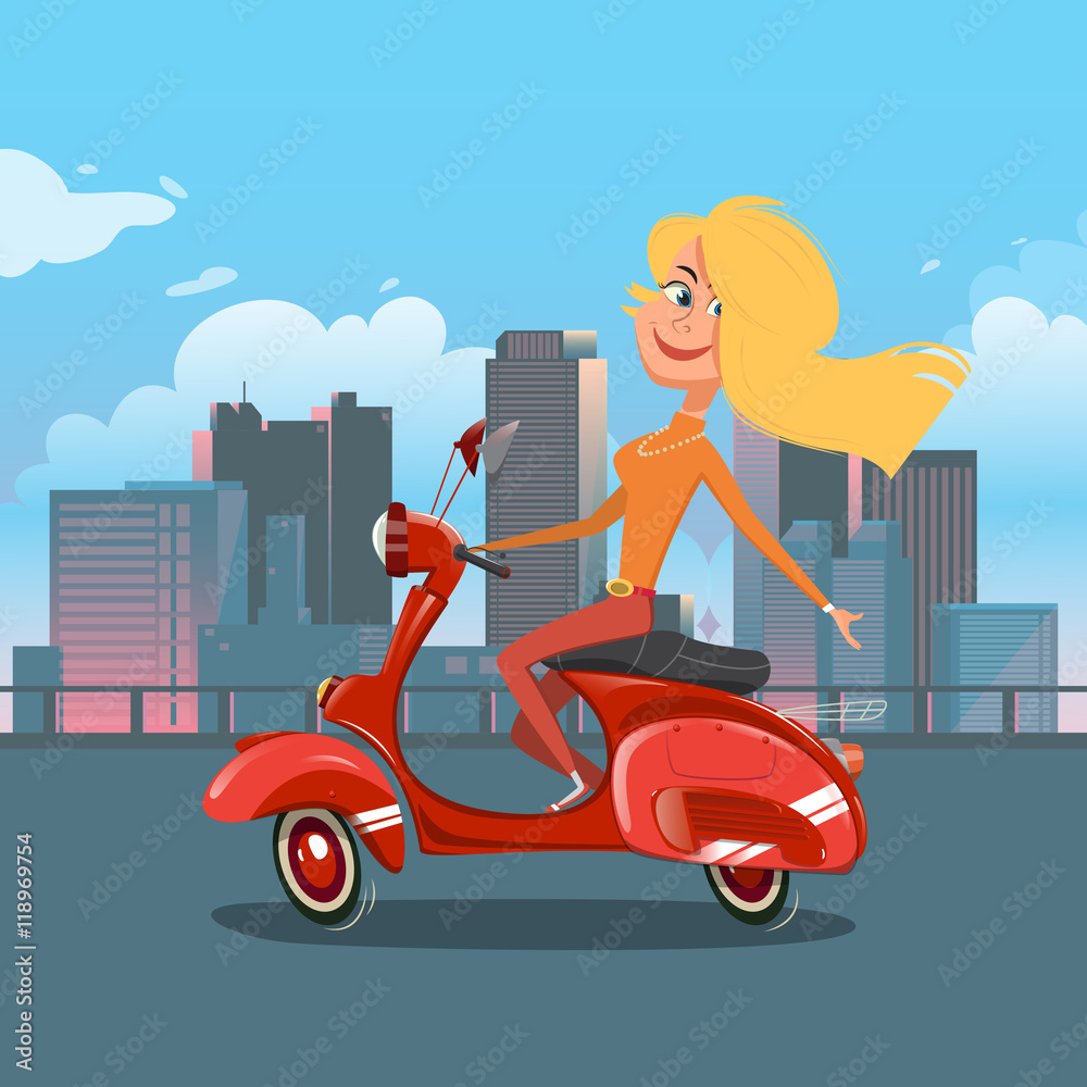 Girl riding scooter cartoon vector illustration vector de Stock | Adobe  Stock