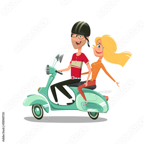 Couple riding scooter cartoon vector illustration