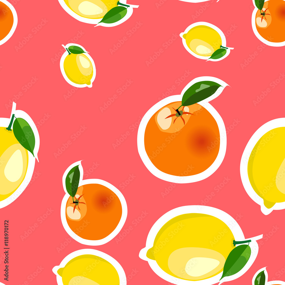 Seamless pattern with lemon, orange stickers. Fruit isolated on a red background Seamless pattern with lemon, orange stickers. Fruit isolated on a red background