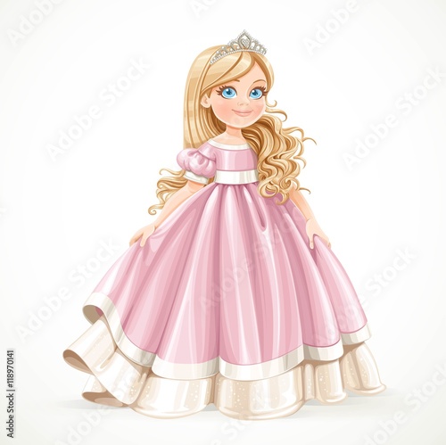 Little blond princess girl in pink ball dress isolated on a whit