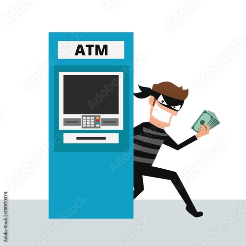 Thief. Hacker stealing money from ATM machine. Cartoon Vector Illustration.