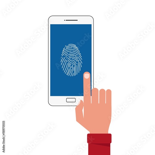 Hand holding smartphone with fingerprint on screen. Fingerprint hand scan security. Protect sensitive data concept. useful for anti phishing and internet viruses campaigns.