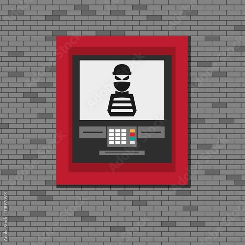 Thief. Hacker stealing sensitive data from ATM machine. Phishing, ATM skimming. Cartoon Vector Illustration.