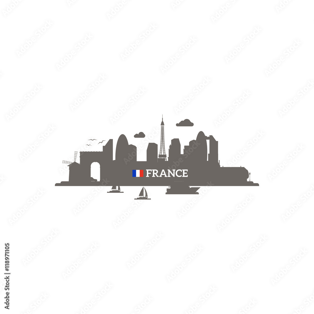 France skyline silhouette with name of country and flag. Vector illustration