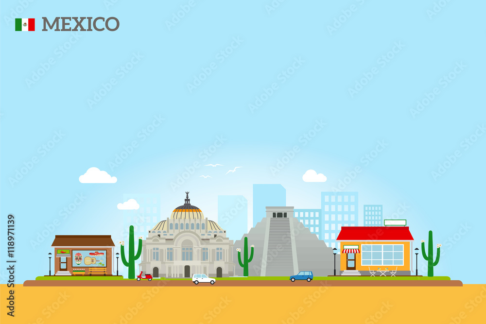 Mexico landmarks skyline colored illustration on sky blue background. Vector icon
