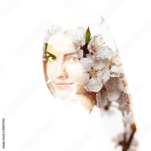 Fototapeta Naklejka Na Ścianę i Meble -  Double exposure of portrait of young beautifu girl and blooming