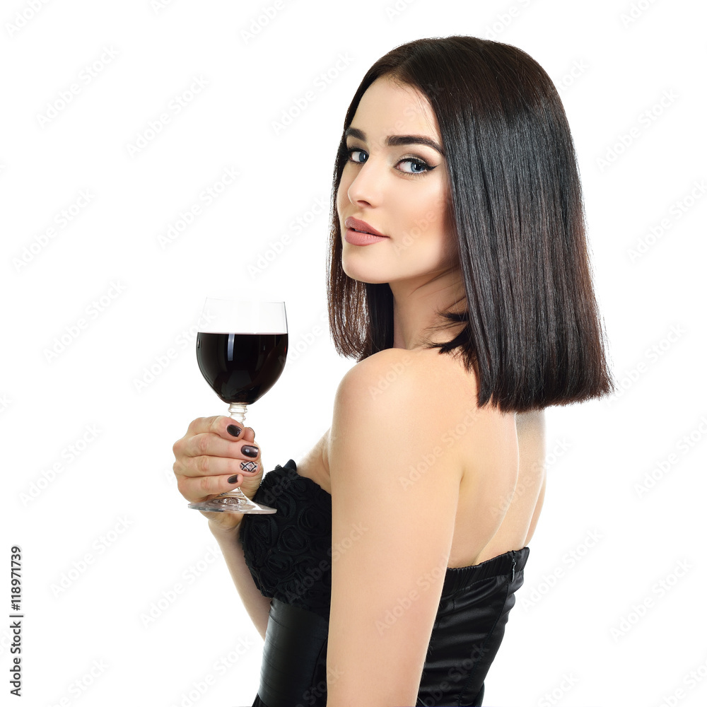 Portrait of beautiful young woman with glass of wine, over white Portrait of beautiful young woman with glass of wine, over white