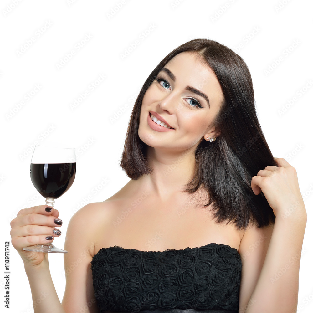 Portrait of beautiful young woman with glass of wine, over white