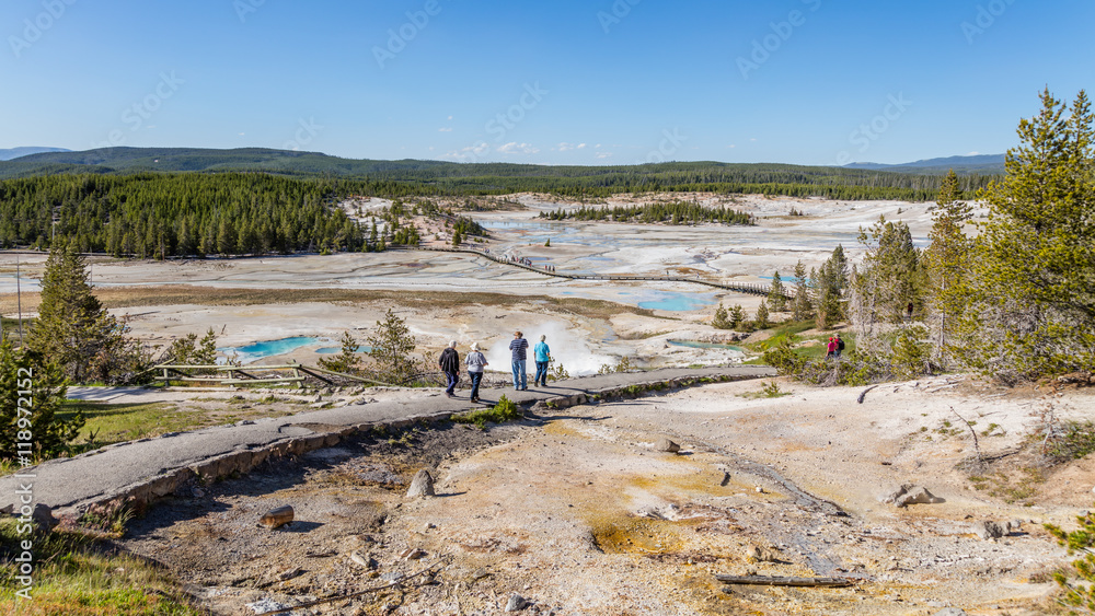 Fototapeta premium The chalky hydrothermal basin circled by a wooden boardwalk. Tourists go on a tour of Porcelain Basin of Norris Geyser Basin, Yellowstone National Park, Wyoming