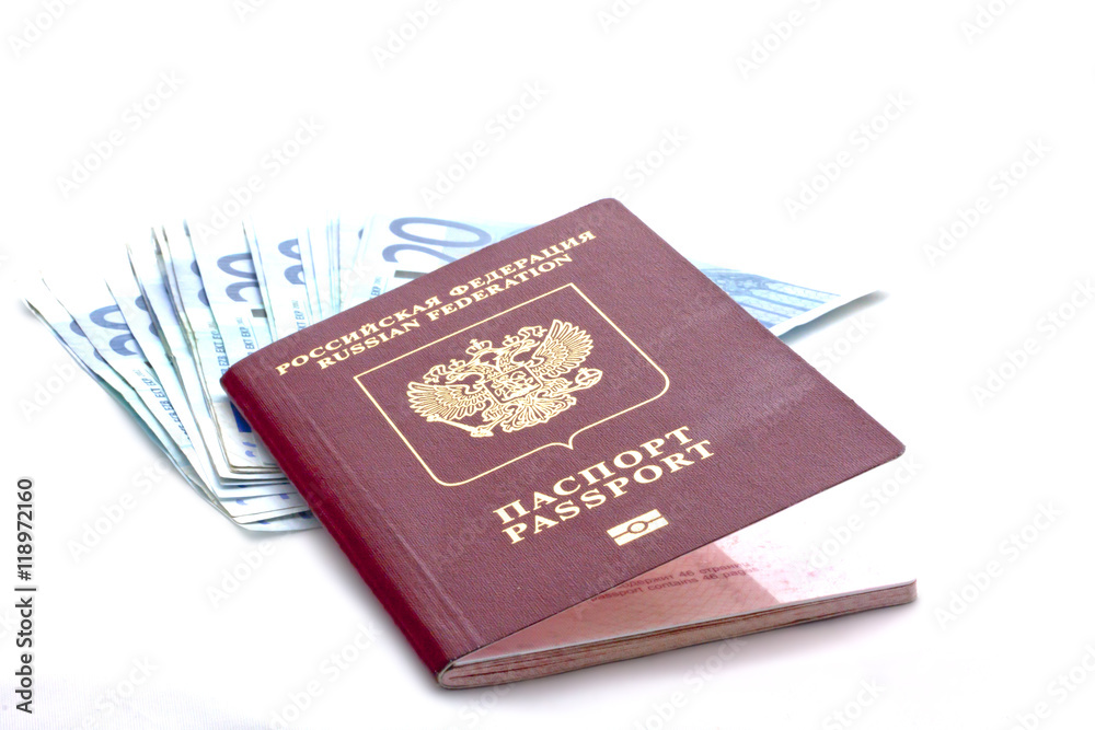 Some euro banknotes and russian passport Some euro banknotes and russian passport