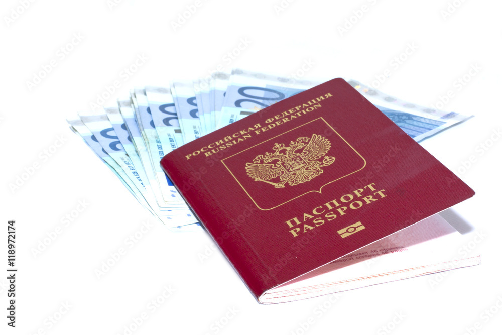 Some euro banknotes and russian passport Some euro banknotes and russian passport