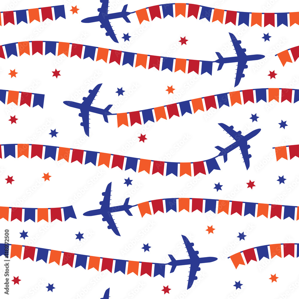 Airplane with colorful flags seamless pattern