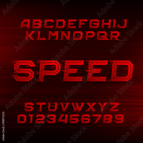 Speed alphabet font. Oblique dynamic red letters and numbers on a dark background. Vector typeface for your design.