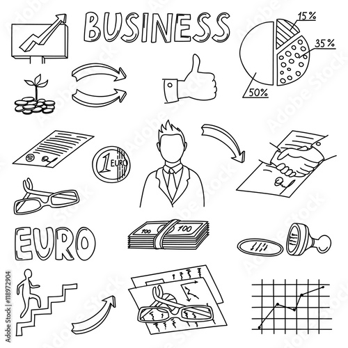 Set of business doodles elements. Hand draw icons
