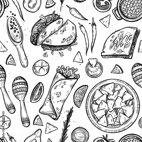 Hand drawn vector background - Mexican food (tacos, nachos, burrito). Seamless pattern. Perfect for cafe, restaurant, delivery, decor photo