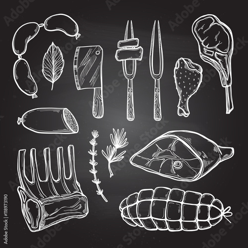 Hand drawn vector illustration - Meat products (chicken, pork, s