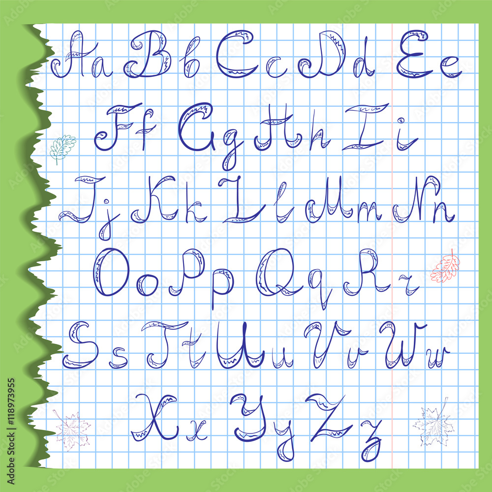 Hand Drawn Scribble Font and Leaves on a Sheet of Copybook in a Cage. Vector Illustration. Hand Drawn Scribble Font and Leaves on a Sheet of Copybook in a Cage. Vector Illustration.