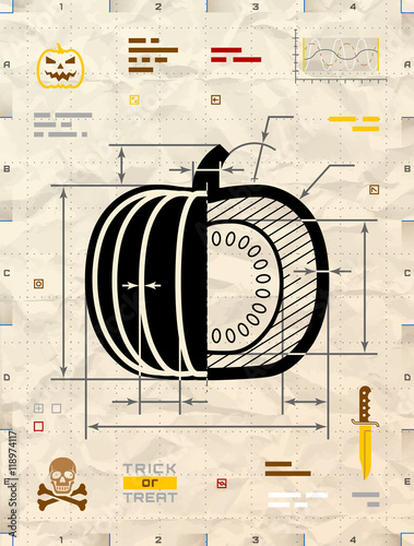 Pumpkin silhouette as technical blueprint drawing. Drafting of squash fruit on crumpled kraft paper. Vector illustration for halloween, agriculture, vegetables, thanksgiving, cooking, gastronomy, etc