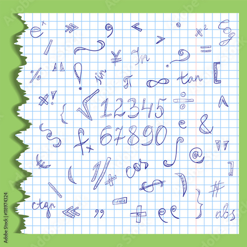 Hand Drawn Scribble Mathematics Symbols and Numbers on a Ripped Sheet of Copybook in a Cage. Doodle Style. Vector Illustration.
