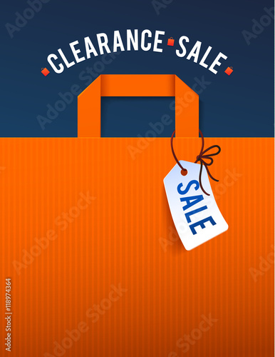 Clearance Sale Poster with percent discount. Illustration of paper shopping bags and lights