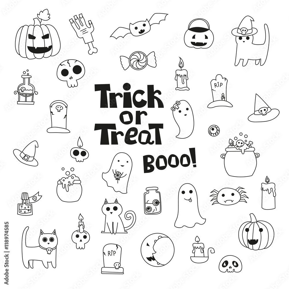 Cute trick or treat halloween collection. Vector doodles illustr