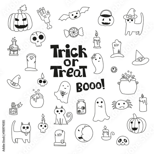 Cute trick or treat halloween collection. Vector doodles illustr