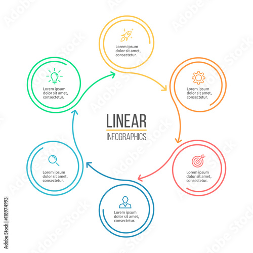Linear infographis. Minimalistic chart, diagram with 6 steps, options. Vector design element.