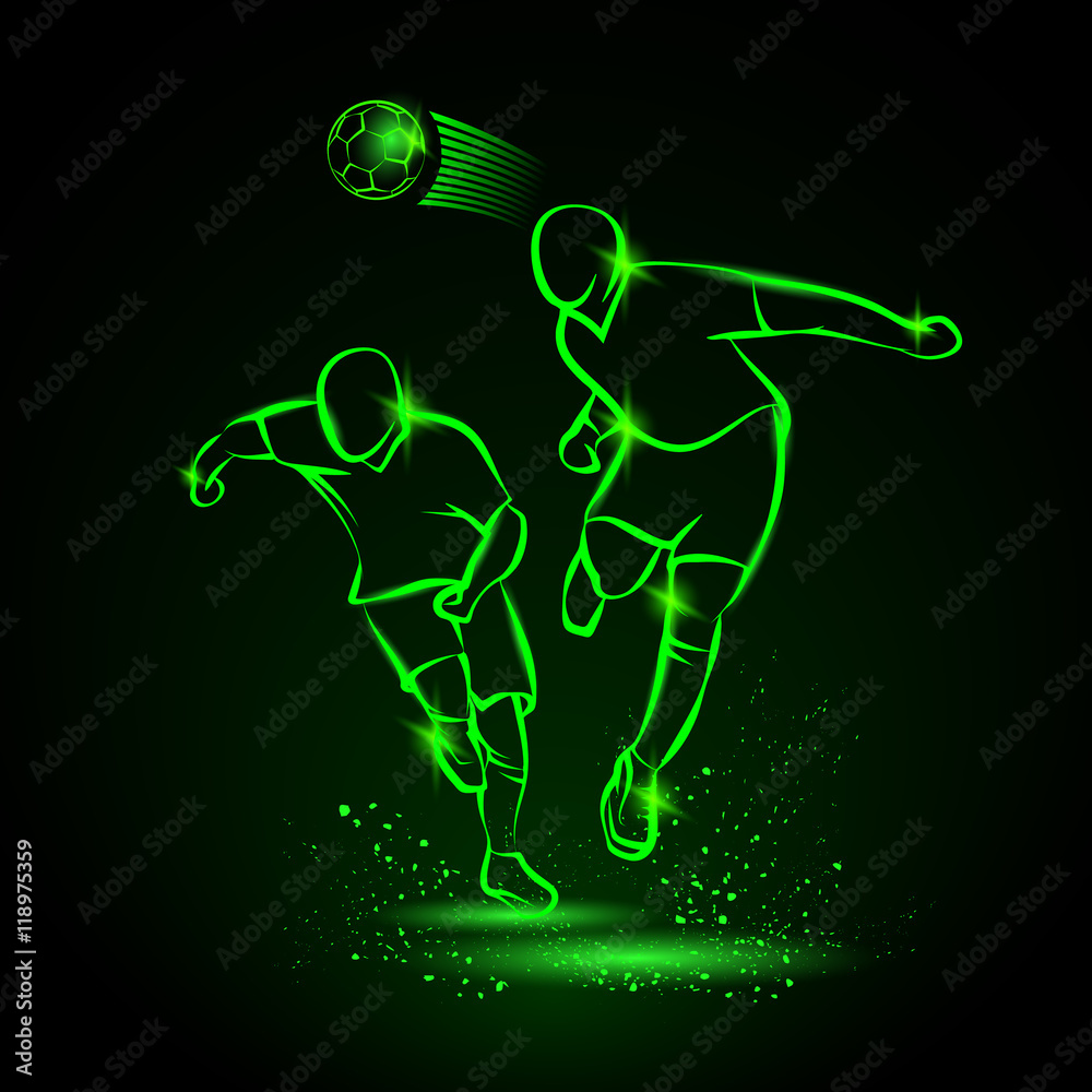 Two football players fighting for the ball. Green neon illustration of  soccer player that hitting the ball by his head. Sport energy background.  Stock Vector