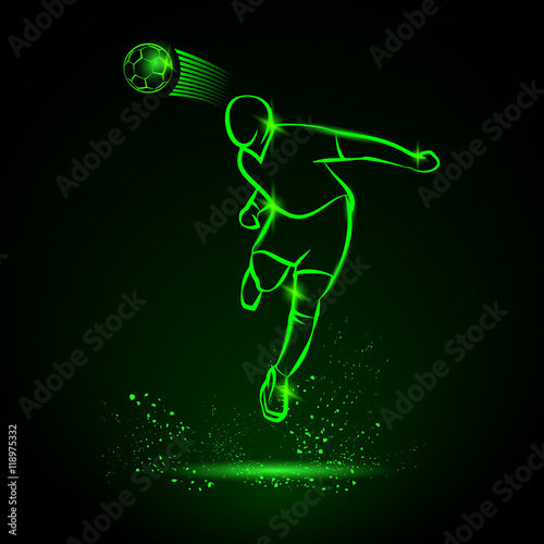 Green neon illustration of soccer player that hitting the ball by his head. Vector silhouette of a footballer in the jump and soccer ball. Sport energy background.