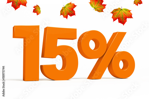 Orange 3d 15 % percent text on white background with leaves for autumn sale campaigns. See whole set for other numbers.