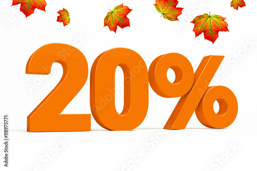 Orange 3d 20 % percent text on white background with leaves for autumn sale campaigns. See whole set for other numbers.